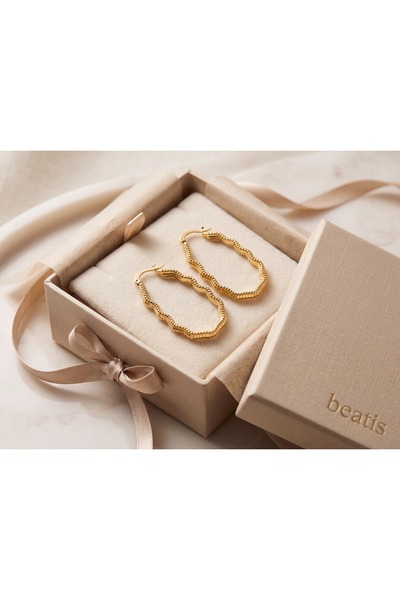 Beatis Gold Color Wavy Bead Textured Oval Large Hoop Earrings