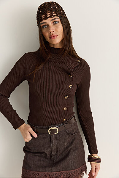 Bianco Lucci Women's Bitter Coffee Asymmetrical Stand Collar Button Detailed ...