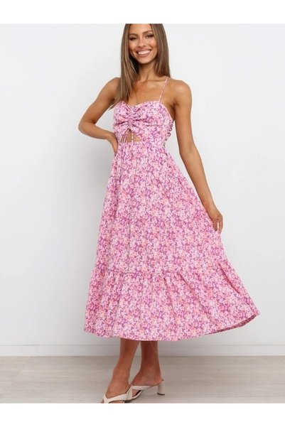 Take Two By Styli Pink Floral Print Strappy A-Line Midi Dress