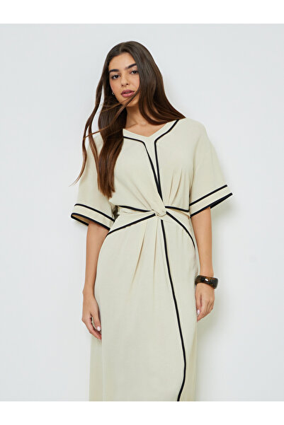 Take Two By Styli Beige Contrast Trims Gathered Waist A-Line Maxi Dress