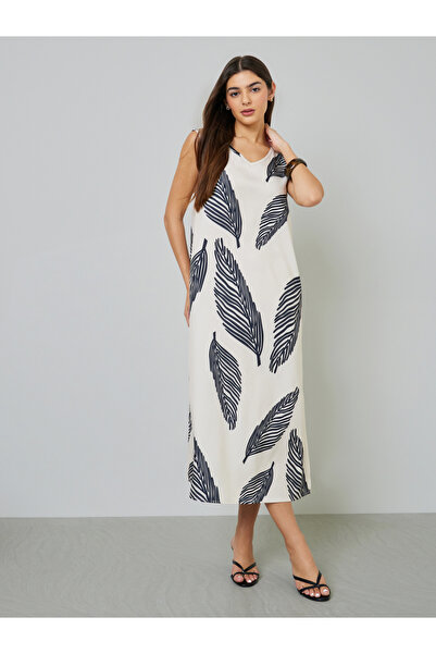 Take Two By Styli Beige Leaf Print Sleeveless A-Line Midi Dress