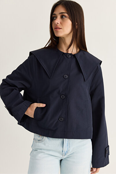 Bianco Lucci Women's Navy Blue Wide Collar Pocket Detailed Lined Buttoned Sho...