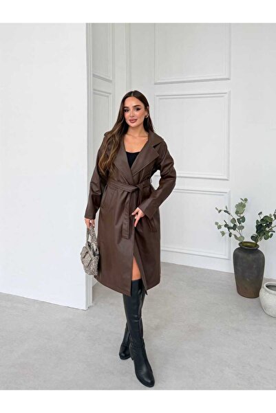 Miss Kadın Beli Kuşaklı Uzun Suni Deri Trençkot Kruvaze Yaka Deri Ceket
