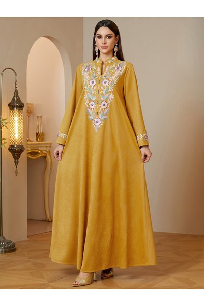Take Two By Styli Yellow Floral Embroidered Long Sleeves Maxi Jalabiya
