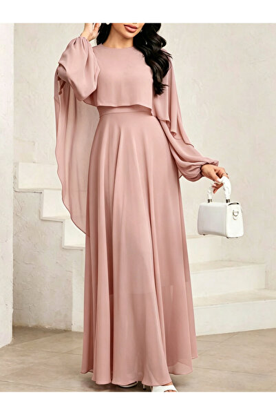 Take Two By Styli Peach Chiffon Maxi Dress With Cape Sleeves