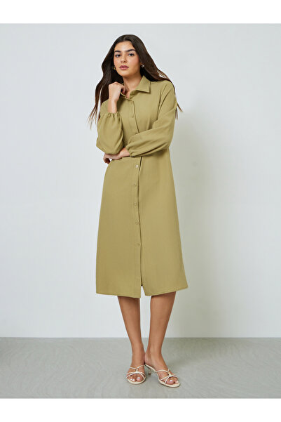 Take Two By Styli Khaki Solid Puff Sleeves Relaxed Fit Shirt Midi Dress