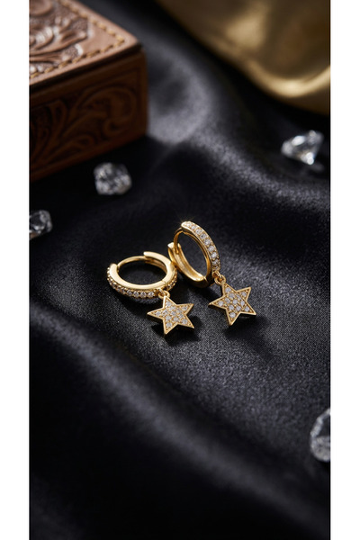 Beatis Gold Color Zircon Stone Dangle Star Hoop Earrings