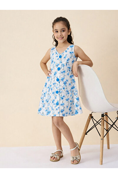 Stylo Bug By Styli Girls Blue Floral Fit And Flare Knee-Length Dress