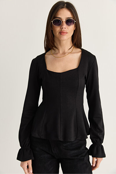 Bianco Lucci Women's Black Square Collar Gathered Sleeve Detailed Blouse Moda...