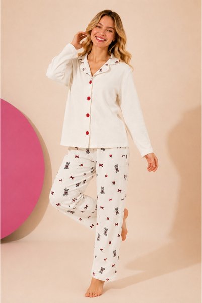 ELİTOL Waffle Knitted Long Sleeve Buttoned Women's Pajama Set
