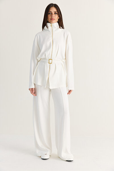 Bianco Lucci Women's White Modal Stand Collar Belted Long Cardigan Palazzo Tr...