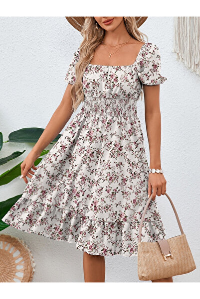 Take Two By Styli Off White Floral Knee-Length Dress