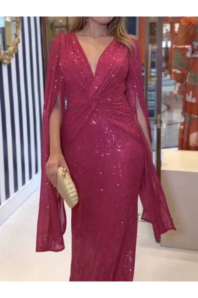 Take Two By Styli Red Embellished Cape Sleeve Maxi Dress