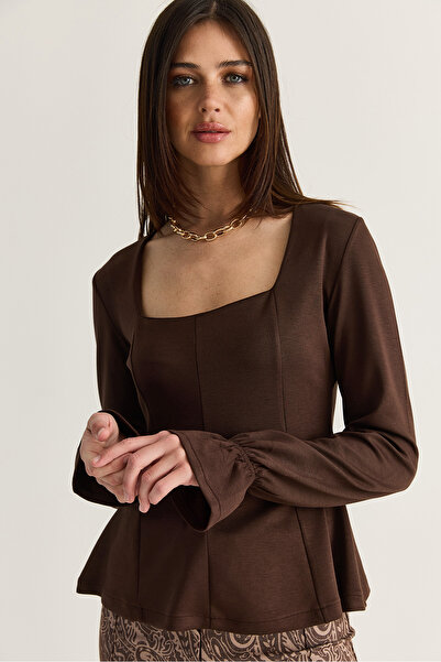 Bianco Lucci Women's Bitter Brown Square Collar Gathered Sleeve Detailed Blou...