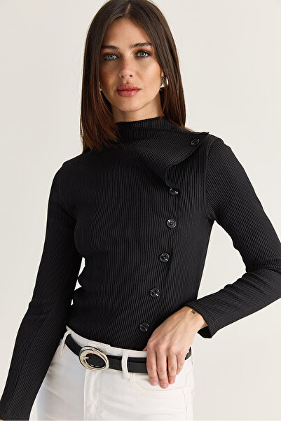 Bianco Lucci Women's Black Asymmetrical High Neck Button Detailed Knitted Blo...