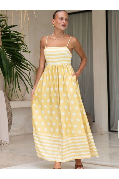 Take Two By Styli Yellow Polka Dot Pocketed A-Line Maxi Dress