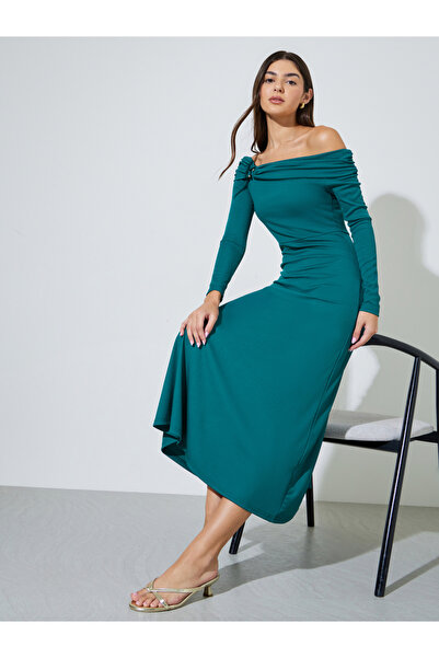 Styli Teal Ribbed Off Shoulder Neck A-Line Maxi Dress