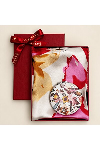 velve Set pentru femei Satin Glow cu esarfa satinata 50x50 cm si oglinda compacta, rosu-crem