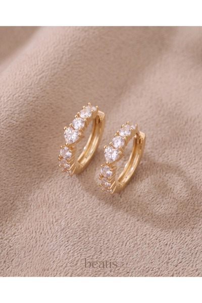 Beatis Gold Color Heart and Row Zircon Stone Huggie Hoop Earrings