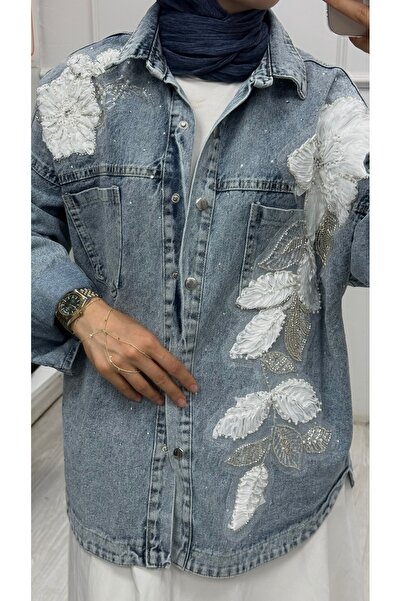 Denim Çiçek İnci İşlemeli Tasarım Ceket