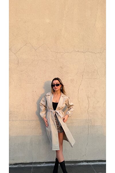 BELİS WEAR Women's Midi Trench Coat Classic Collar Belted Elastic Sleeves Sea...