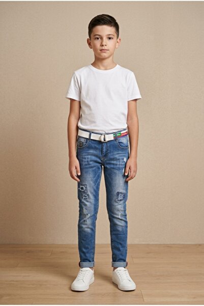 OEM Pantaloni tip denim pentru baieti, cu curea inclusa, croiala conica si as...