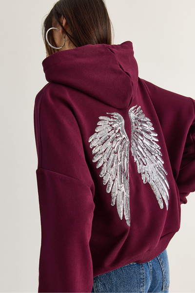 Bianco Lucci Women's Plum Wing Detailed Stone Embroidered Hooded Sweatshirt w...