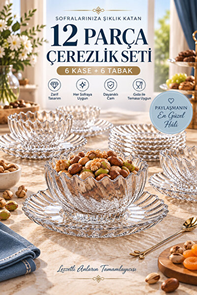 Mutfiko 12 Parça 6 Kişilik Cam Çerezlik Seti – 6 Kase + 6 Tabak Şık Sunum ve ...