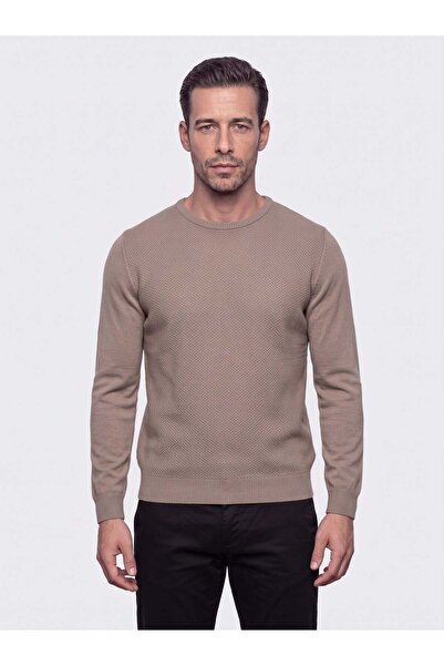 White Stone Mink Crew Neck Micro Patterned Men's Knitwear Sweater