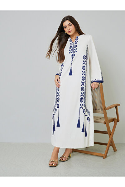 Take Two By Styli White Geometric Print Notch Neck Long Sleeves Maxi Kaftan D...