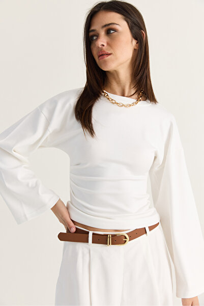 Bianco Lucci Women's White Long Sleeve Waist Fitted Pleated Detailed Modal Bl...