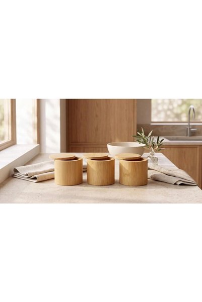 BEYNİS LİFE Ağacın İkinci Yaşamı Bamboo 3-Piece Storage Container with Lid - Natural Wooden Spice Jar Set - Bathroom Organizer Box