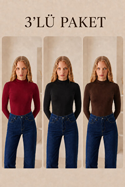 COMBİNE MİCHAİL Women's Half Turtleneck Basic 3-Piece Blouse