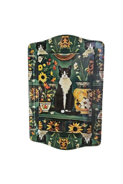 Generic Brand Tavă Pisicuță cu Flori, Pentru Cafea, Metal, 25x17 cm