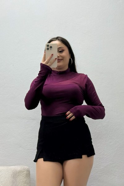 BELENDİR Women's Buzzy Mesh Detail High Collar Long Sleeve Blouse Plum