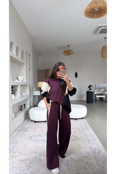 Buket Teke Modal Premium Suit with Plum Garnish and Stripes