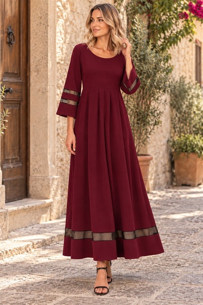 moda wanilia فستان نسائي طويل من قماش الكريب بثلاثة أرباع الأكمام وياقة على ش...