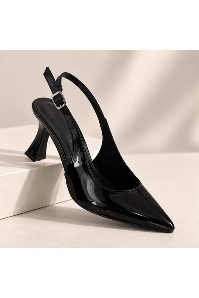 proMAS Women's Black Pointed Patent Leather Slingback Ankle Strap Heeled Stylish Shoes 7 cm