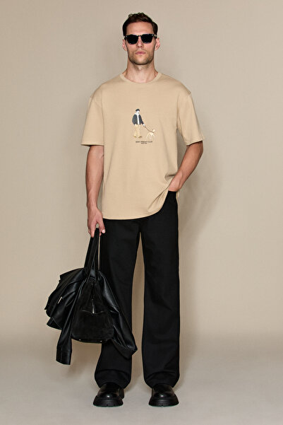 GRIMELANGE Stone Men's Round Neck Front Printed Mink - Beige T-Shirt