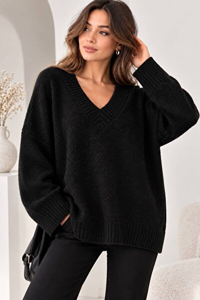 ikomteks Women's Oversize V-Neck Soft Textured Knitwear Sweater