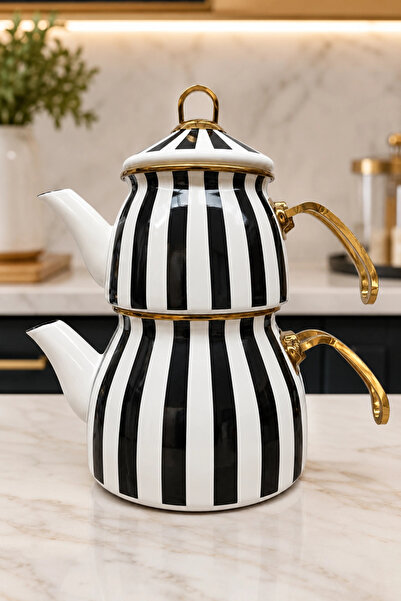 PR HOME Çizgili Dekor Gold Model Emaye Çaydanlık
