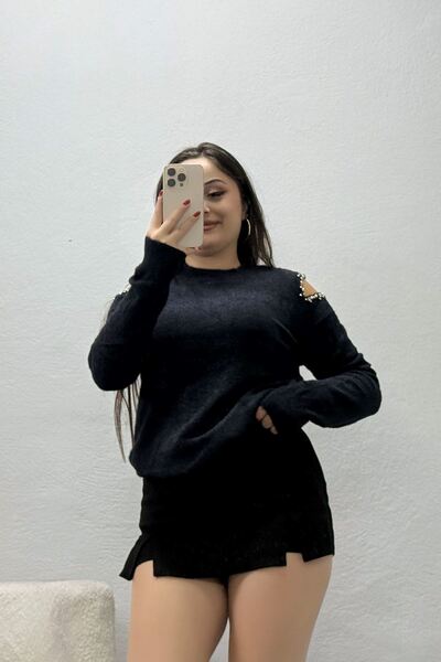 BELENDİR Women's Knitwear Off-The-Shoulder Pearl Embellished Sweater Black