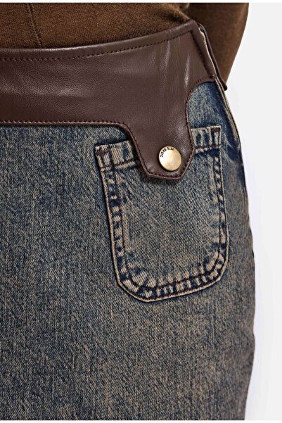 it's basic Kadın Koyu Kot 2w6-8 Straight Deri Detaylı Esnek Kumaş Tasarım Mini Denim Etek