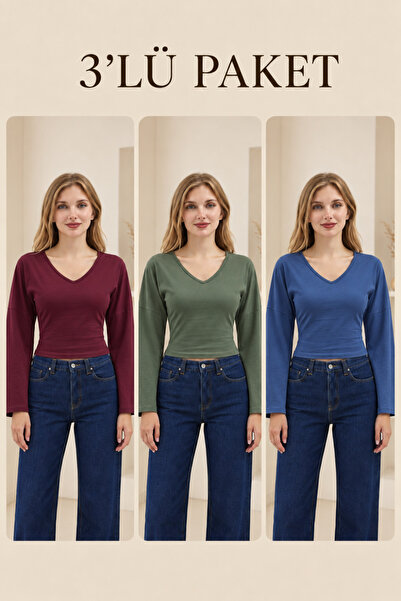 COMBİNE MİCHAİL Women's V-Neck Long Sleeve Tight 3-Piece Blouse