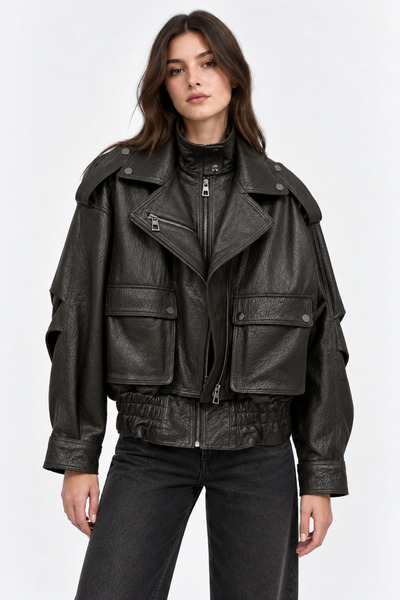 Basics&More Basics & More Kadın Hakiki Deri Oversize Biker Ceket Cep Detaylı ...