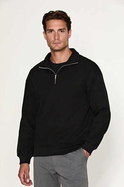 GRIMELANGE Helor Men's Organic Cotton Zippered Stand Collar Black Sweatshirt