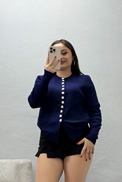 BELENDİR كارديجان نسائي محبوك بأزرار لؤلؤية باللون الأزرق الداكن