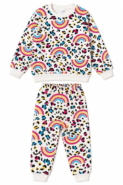 Generic Brand Girl's Cotton White Colorful Rainbow Patterned Long Sleeve Seasonal Pajama Set