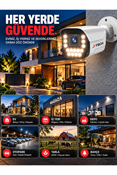 J-TECH K1017 5MP Sesli Renkli Gece Görüşlü 4 Lü Akıllı Güvenlik Kamera Seti – Yüz ve Araç Tanıma
