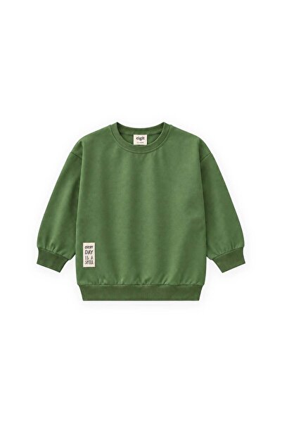 Cigit Etiket Detaylı Sweatshirt 2-10 Yaş Yağ Yeşili